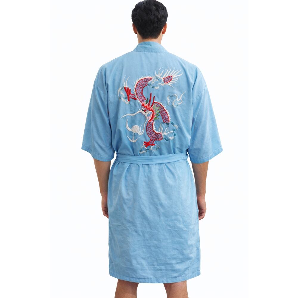 1980s Health Blue Dragon Embroidered Kimono Robe Jacket Belted Unisex size Large